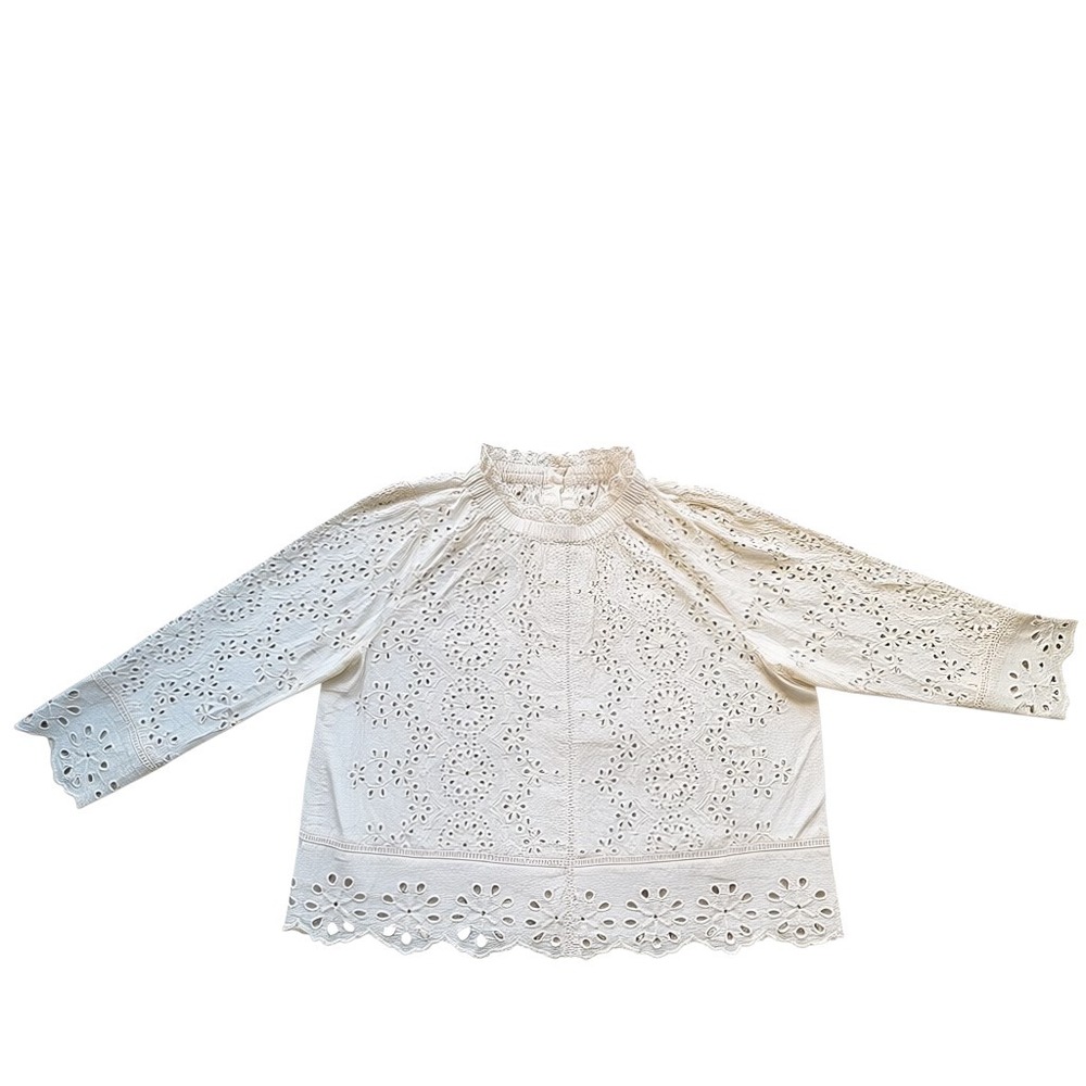 Womens Off White Eyelet Lace Ruffle Neck Button Back Blouse Top Boho Cream